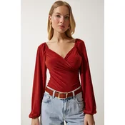 Happiness Istanbul Womens Tile Elastic Balloon Sleeve Sandy Knitted Blouse