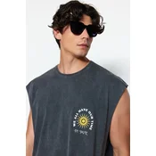 Trendyol Anthracite Oversize / Wide Cut Faded Effect Text Print 100% Cotton T-Shirt / Tank Top