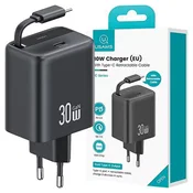 USAMS USAMS 1xUSB-C omrežni polnilnik z zložljivim kablom USB-C PD+QC 30W Gan hitro polnjenje črne/črne barve YC serija CC241TC01 (US-CC241)
