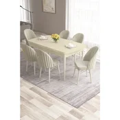 Hanah Home trpezarijski set Roz, sto na razvlacenje i 6 stolica, krem ploca, bele noge, krem tkanina Babyface