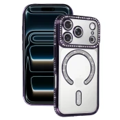 Silikonski ovitek Luxury MagSafe za iPhone 17 Pro Max - prozorno vijola z bleščicami