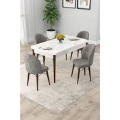 Hanah Home trpezarijski set Rut, sto na razvlacenje i 4 stolice, bela ploca, noge boje oraha, siva tkanina Babyface