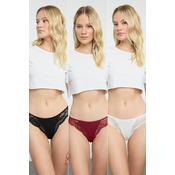 Trendyol Black-Burgundy-White 3-Pack Cotton Lace Detailed Brazilian Knitted Panties