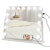 HOMCOM Ogledalo za ličenje s 15 LED lučmi, 58x46cm, nastavljiva svetlost, polnjenje USB, ogledalo za ličenje hollywood s 3 barvami svetlobe, dotični zaslon, nosilec za telefon, 10-kratna povečava