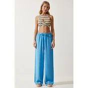 Happiness Istanbul Womens Sky Blue Flowy Knitted Palazzo Trousers