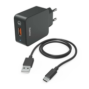HAMA Brzi punjač s USB-C kabelom za punjenje, Qualcomm®, 19,5 W, 1,5 m, crni