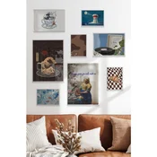 WallXpert set od 8 uramljenih slika Çgs-051, kafa i umetnost – Veliki talas u šoljici, Vermeerova Mlekarica, moka lonce i gramofon, beli ram
