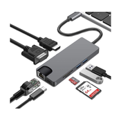 E-GREEN Adapter USB 3.1 Tip C (M) - HDMI+VGA+2X 3.0 USB + tip C + SD (F) + RJ45