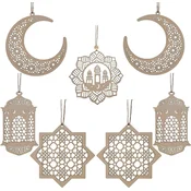NIKCORP Ramadanski okraski in praznična dekoracija, viseči leseni obeski za ramadan in bajram, naravni les, komplet 7 kosov, (5000165818)