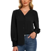 Ženska bluza Atxnn, elegantna šifonska srajca z V-izrezom in dolgimi napihnjenimi rokavi, črna, velikost S, primerna za pisarno, casual in formalne priložnosti, 100% poliester, elastične manšete