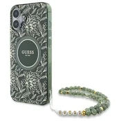slomart Etui Guess IML Flowers Allover Electro With Pearl Strap MagSafe za iPhone 16 - zeleno