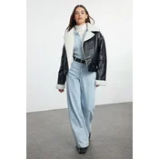 Trendyol Black Oversize Plush Detailed Faux Leather Biker Jacket Coat