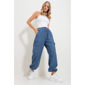 Trend Alaçati Stili Womens Blue Waist And Leg Elastic Pocket Cargo Jogger Pants