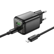 Hoco Mrežni polnilnik za telefon Hoco USB-A + USB-C QC3.0 PD 3A 20 W + kabel USB-C na Lightning N52, črn