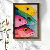 WallXpert uramljena MDF slika NAL063-46, cetiri šarene ribe u stilu uljane slike, 35,5 x 47 cm