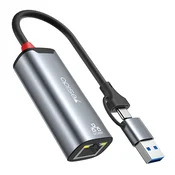 RJ45 ethernet adapter Yesido HB26 z USB-A in USB-C priključkom, 1000 Mbps - siv