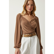 Happiness Istanbul Womens Dark Beige Elastic Balloon Sleeve Sandy Knitted Blouse