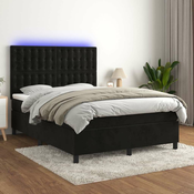Greatstore Box spring postelja z vzmetnico LED črna 140x200 cm žamet