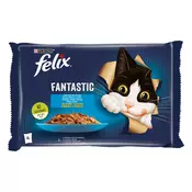 FELIX Fantastic Odabir ribljih okusa, potpuna hrana za kucne ljubimce, za odrasle macke, mokra hrana s lososom u želeu i s listom u želeu, 4x85g