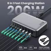 slomart Feob 200W USB C polnilec, GaN III 8-portni hitri polnilec, PPS PD 65W, USB-A za MacBook, iPhone, SteamDeck, pametne telefone.