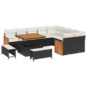 12-dijelna Vrtna Garnitura sa Jastucima Crni Poly Rattan Akacija 3-dijelni Vrtni Set za Jelo sa Jastucima Crni Poly Rattan Akac