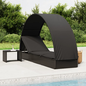 Ležaj za suncanje s krovom crni 211 x 57 x 140 cm poliratan