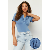 Trendyol Premium Blue Shiny Surface and Soft Textured Polo Neck Knitted Bodysuit