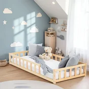 Homestyle4U Otroška talna postelja, 96x32x205,5 cm, naravna, z vzmetnico