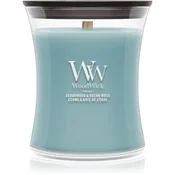 Woodwick Cedarwood & Ocean Moss dišeča sveča z lesenim stenjem 275 g