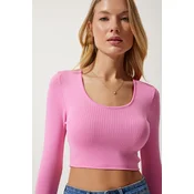 Happiness Istanbul Womens Pink U Neck Ribbed Crop Knitwear Blouse
