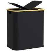 HOMCOM Košara za perilo 80L z 2 predelkoma s pokrovom, košara za perilo iz netkanega blaga in bambusa, 54x34x58.5 cm, črna