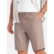OMBRE Moške kratke hlače iz lanene mešanice svetlo rjave barve MDN125705 M