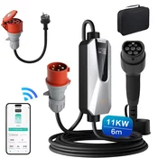 JUNSUN Tip 2 EV električni avtomobilski polnilni kabel – 11kW, nastavljiv tok, LCD zaslon, prenosni polnilnik 6 m z vtičem Schuko 6-16A IP67 APP Vključuje ad, (22155326)