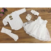 Set bebi u kutiji 5/1 haljina, bodi, traka, štrampice, cipelice, bijeli, vel. 68/74