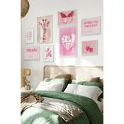 WallXpert set od 8 uramljenih slika Çgs-022, roze motivi – leptir, žirafa, trešnje, balon pas i natpis Self Love, beli ram