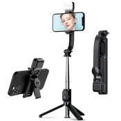 Selfie stick Techsuit C01s z zložljivim stabilnim stojalom, Bluetooth daljincem in LED lučko, 107cm - črn