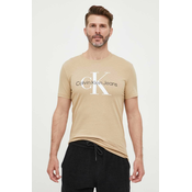 Pamučna majica Calvin Klein Jeans boja: bež, s tiskom
