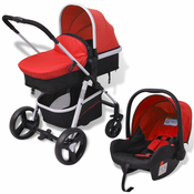 Vidaxl Otroški voziček 3 v 1 aluminijast rdeče in črne barve