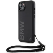 BMW Signature Leather Wordmark Cord ovitek za iPhone 15/14/13 - črn