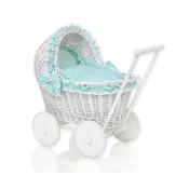MY SWEET BABY Bel pleten voziček za punčke s potiskačem, mint posteljnino in mehko podlogo CHIARA