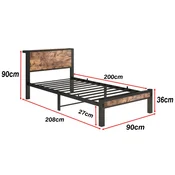 SONNENH Kovinski posteljni okvir za vzmetnico 90 x 200 cm, starinsko rjava in črna izvedba z vzglavjem, zgornjo polico in prostorom pod ležiščem