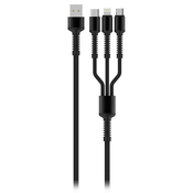 Barvni polnilni kabel 3v1 Lightning+MicroUSB+USB-C/ 4A/ Najlon/ 1,2 m/ Siv