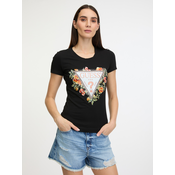 Black womens T-shirt Guess Triangle Flowers - Women