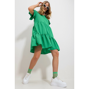 Trend Alaçati Stili Womens Green V-Neck Tiered Flounce Woven Dress