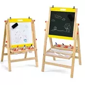 Northix 3 v 1 otroška tabla z nastavljivo višino, zložljiva lesena tabla za otroke 50,5 x 53,5 x 79-104 cm naravna + rumena