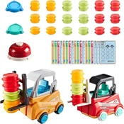 Nikcorp Izobraževalna igrača komplet 2 viličarjev avtomobilčki igra sestavljanja, ABS plastika, 18 sodčkov, 18 kartic z navodili, 2 ploščadi, 1 ropotuljica, darilo za otroke, za igro doma in zunaj