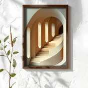 WallXpert uramljena MDF slika NAL186-46, spiralno stepenište sa lucnim prozorima u bež tonovima, 35,5 x 47 cm