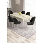 Hanah Home trpezarijski set Roz, sto na razvlacenje i 6 stolica, krem ploca, bele noge, crna tkanina Babyface