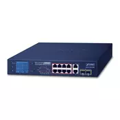 PLANET 8-Port 10/100TX 802.3at PoE + 2-Port Gigabit TP/SFP combo Desktop Switch with smart color LCD (120W PoE Budget, Standard/VLAN/Extend mode, PoE budget, bandwidth control, PD alive check setup over LCD) (FGSD-1022VHP)