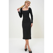 Trend Alaçati Stili Womens Black Square Neck Long Sleeve Midi Length Interlock Fabric Dress